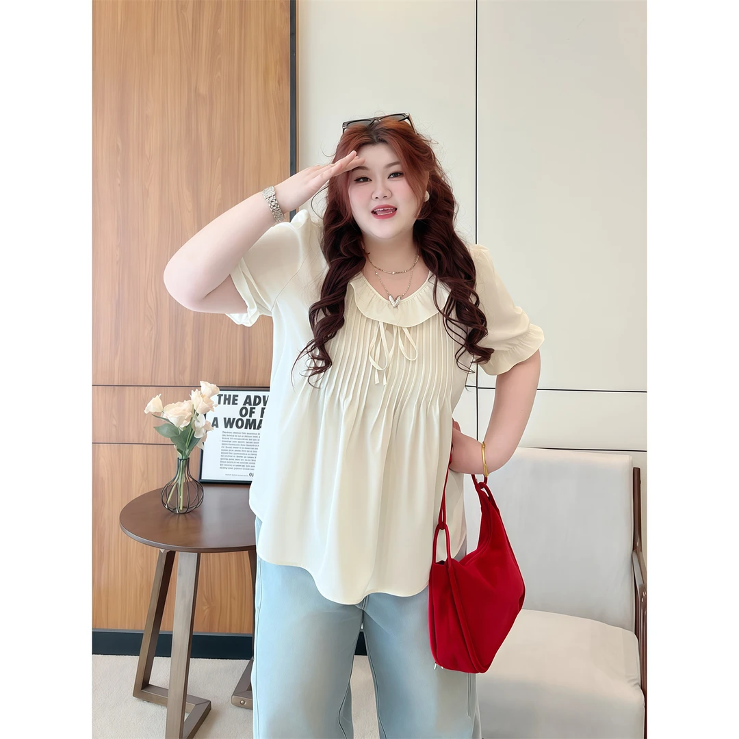 香缇卡耶 / 法式压褶荷叶边正肩A字上衣14003胖mm200斤