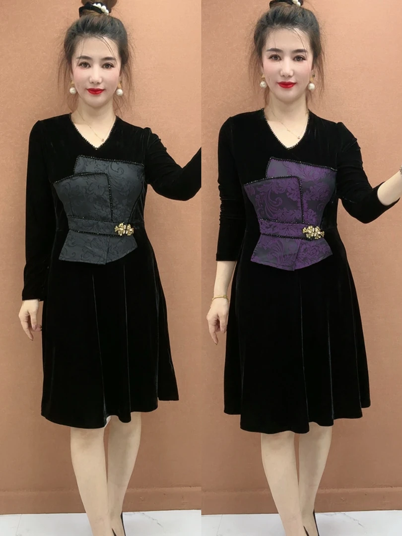 新款时尚修身显瘦长袖遮肚金丝绒拼接连衣裙