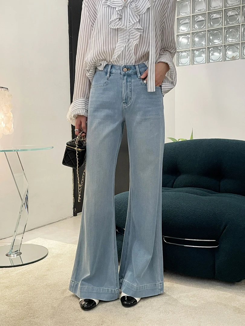 卡布71908牛仔喇叭裤女BK2025春弹力大喇裤欧货蓝色高腰拖地甩裤