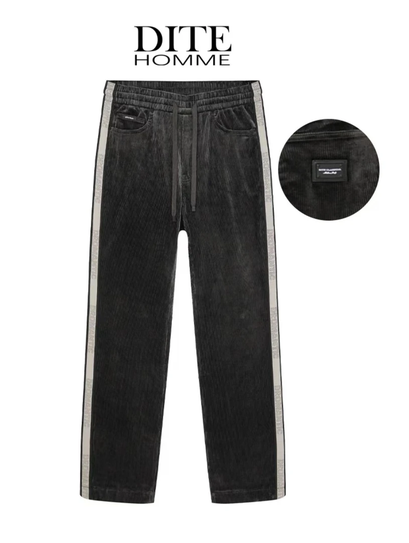 Dite迪特男士秋冬潮流风灯芯绒厚款刺绣拼接直筒宽松休闲裤