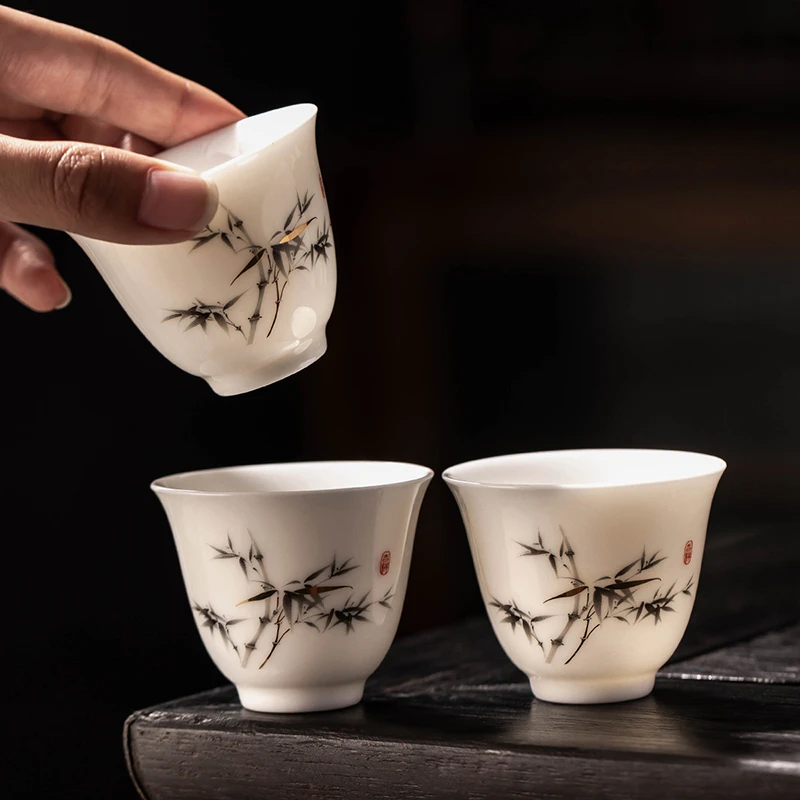 羊脂玉瓷茶杯家用喝茶陶瓷杯子简约富竹小杯子功夫茶具泡茶品茗杯