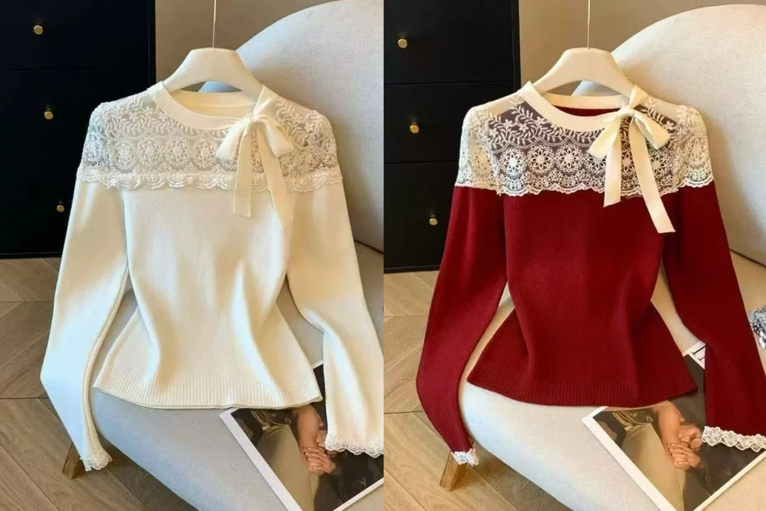 【石潇潇STUDIO】米红色拼接蝴蝶结针织衫女气质蕾丝拼接长袖上衣