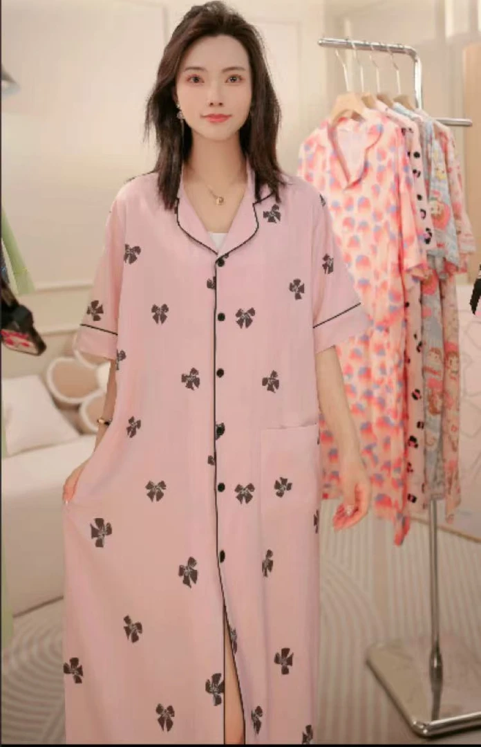 -【紫丁香蝴蝶结】绵绸夏季薄款2025韩版加大码女款家居服宽松裙