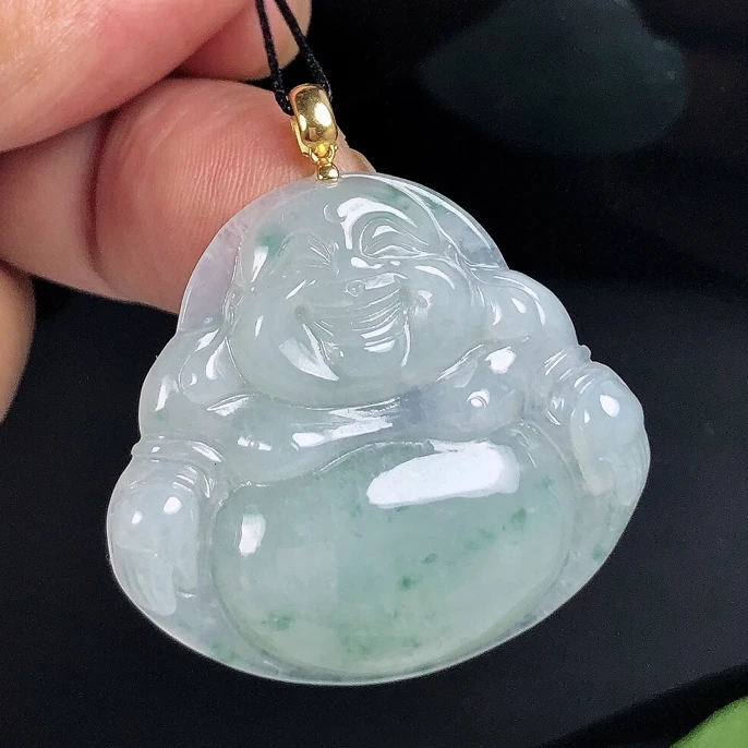 缅甸天然翡翠A货18K金扣镶嵌冰飘花大佛公吊坠冰透官方正品佛挂坠