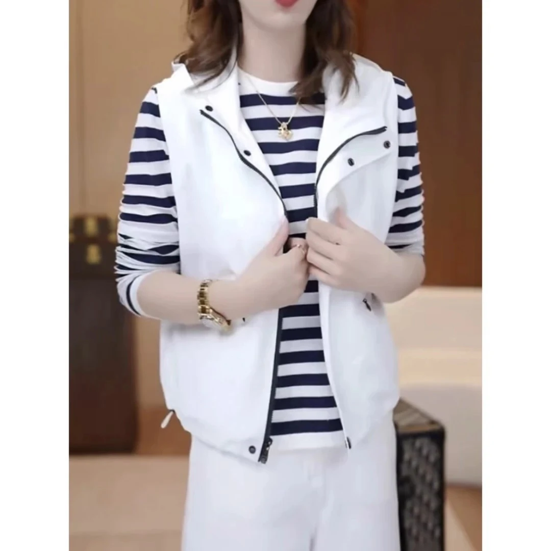 2025夏季新款白色无袖连帽马甲外套时尚洋气显瘦百搭运动开衫上衣