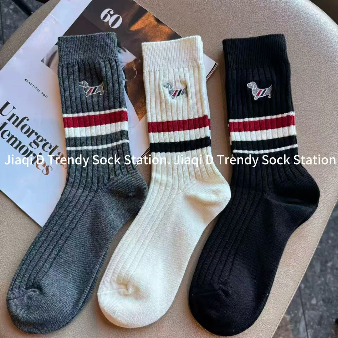 韩版新款双针TB刺绣腊肠狗ins潮减龄三道杠时尚条纹堆堆袜