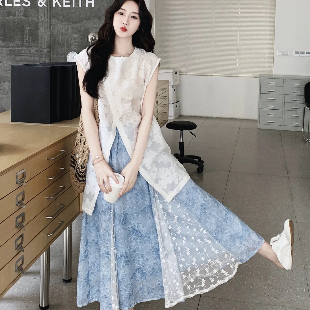 洋气减龄巨好看无袖蕾丝上衣半身裙套装女夏2025新款温柔风两件套