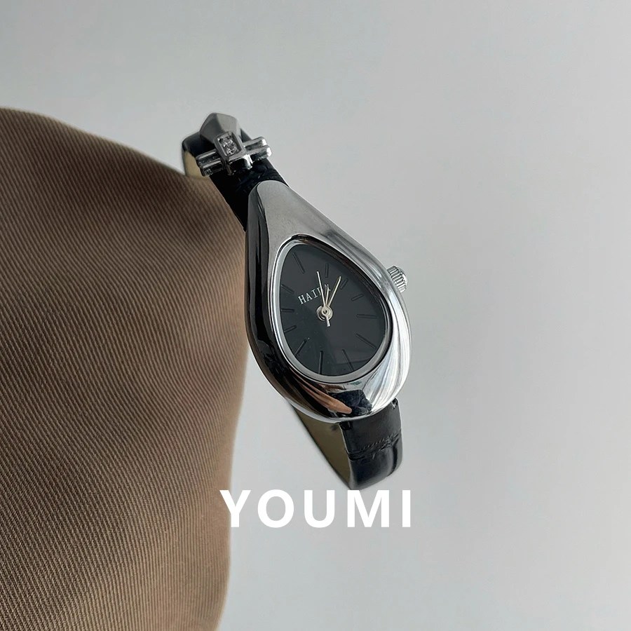 柚米水滴琵琶真皮小表盘女士小众轻奢女款休闲百搭气质石英手表女