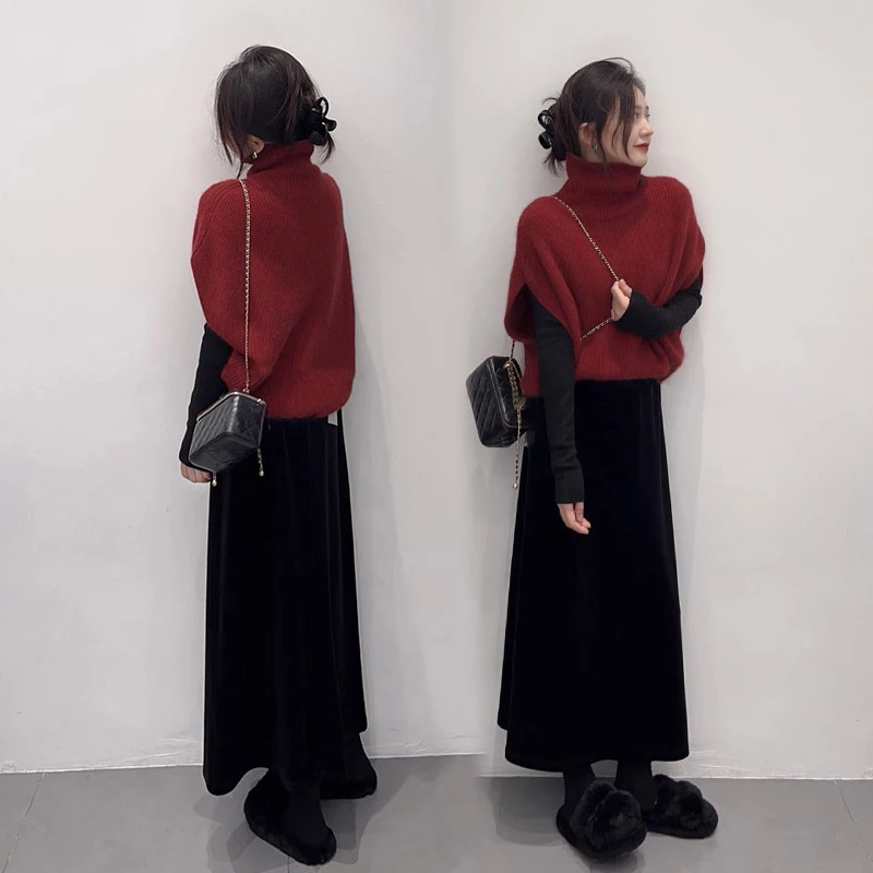 2025秋冬新款时尚简约红色高领毛衣打底衫上衣伞裙长裙套装三件套
