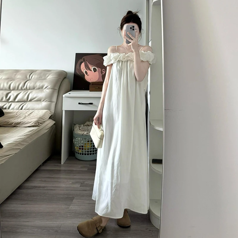 孕妇连衣裙法式绝美白色一字肩吊带连衣裙子女夏季海边高级孕妇装