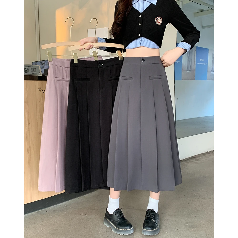 清长大码女2025年春季学院风西装百褶裙高腰垂感开叉半身裙63957