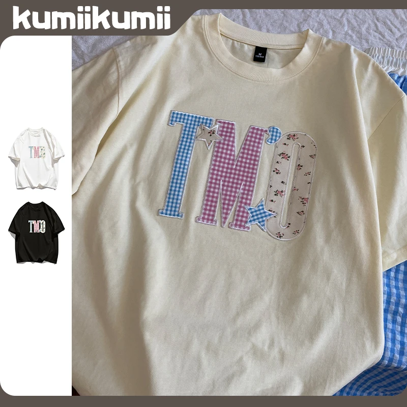 重磅圆领纯棉t恤打底衫上衣百搭重工贴布刺绣碎花字母印花短袖潮