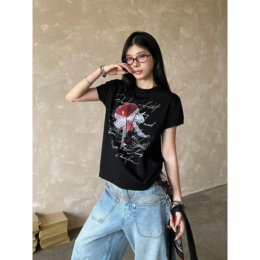 NOWANDHERE美式复古苹果图案索罗那T恤女boxy版型正肩显瘦上衣潮