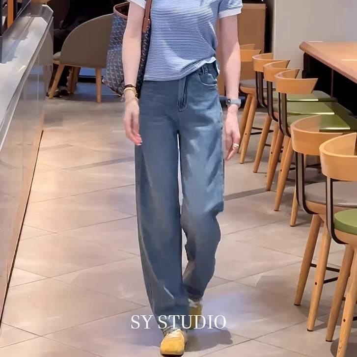 夏季套装女2025新款时尚显瘦条纹短袖上衣牛仔裤网红气质两件套女