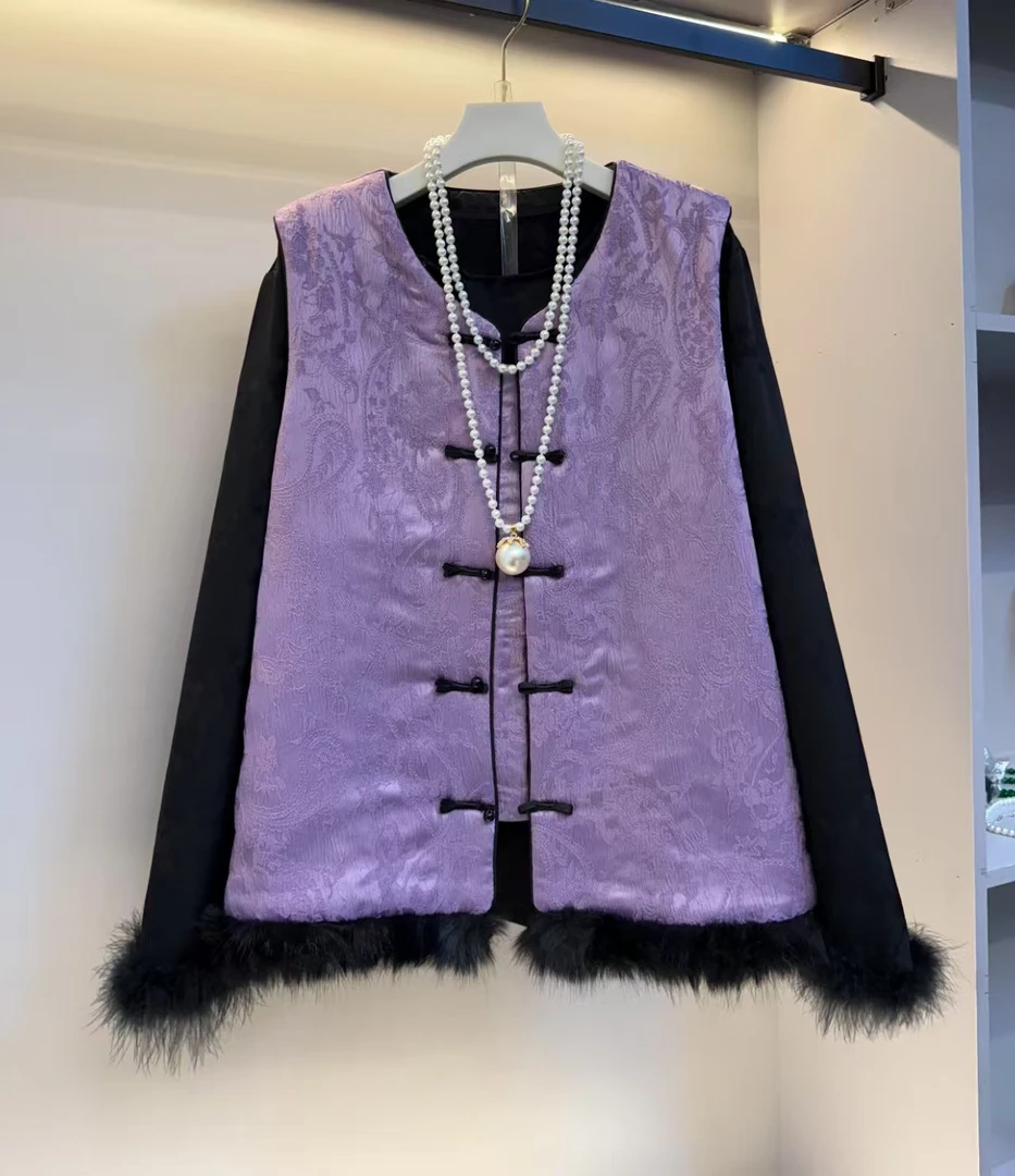 欧货大码女装新中式加棉马甲盘扣衫气质两件套装