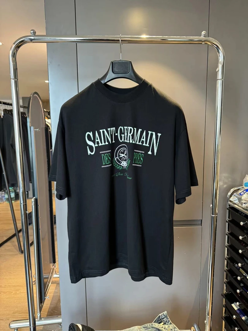 新款麦穗剪刀绿色字爆裂纹印花前后字母短袖男女同款