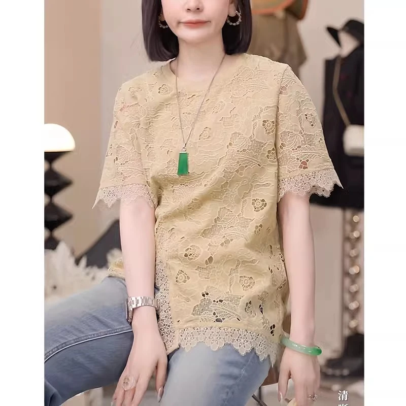 法式蕾丝衬衫女士夏季2025新款时尚显瘦洋气减龄镂空短袖t恤上衣