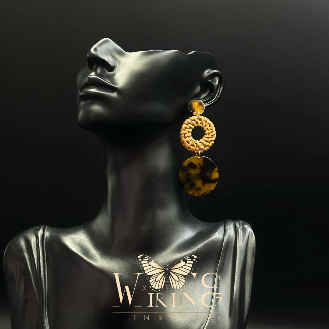 铜合金亚克力耳饰 王大嘴原创 “草编豹纹”欧美草编圆环耳钉A704