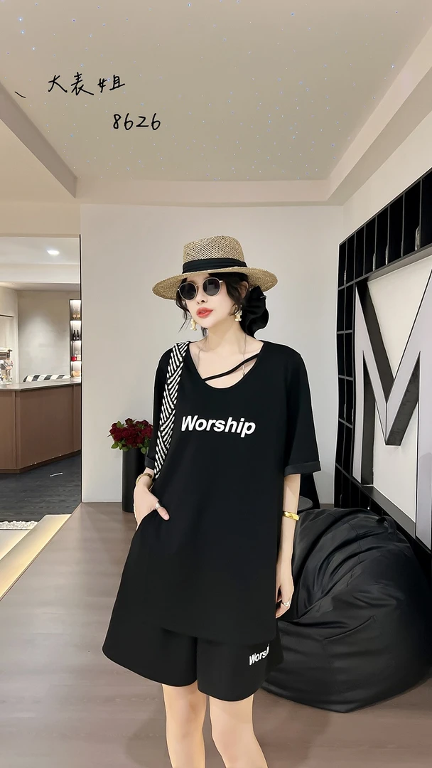 8626休闲运动套装女夏季短袖T恤上衣休闲短裤百搭宽松两件套潮