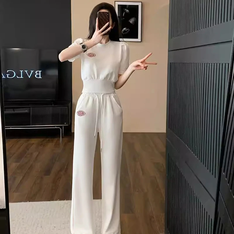 运动洋气白色时尚休闲运动套装女240337春夏宽松设计感高腰