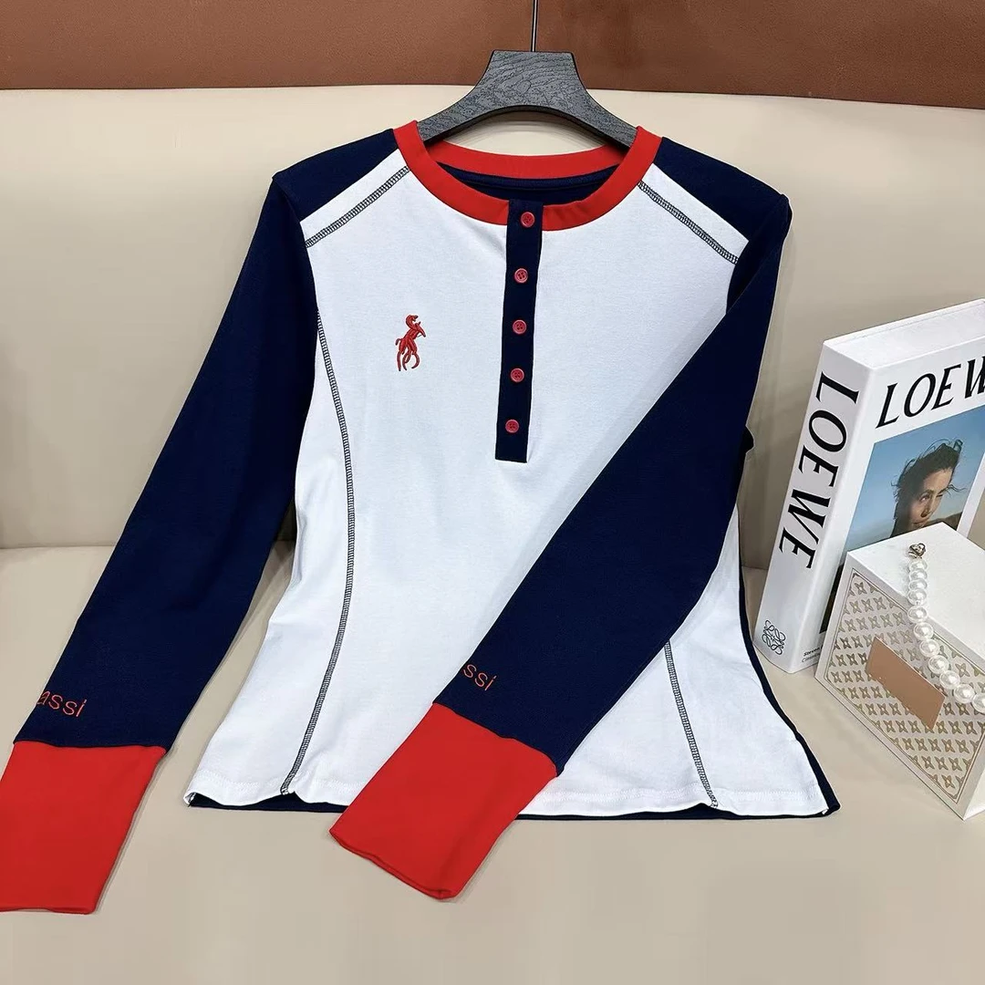 【三色拼接小马】2025新款时尚圆领长袖T恤简约百搭女秋季显瘦