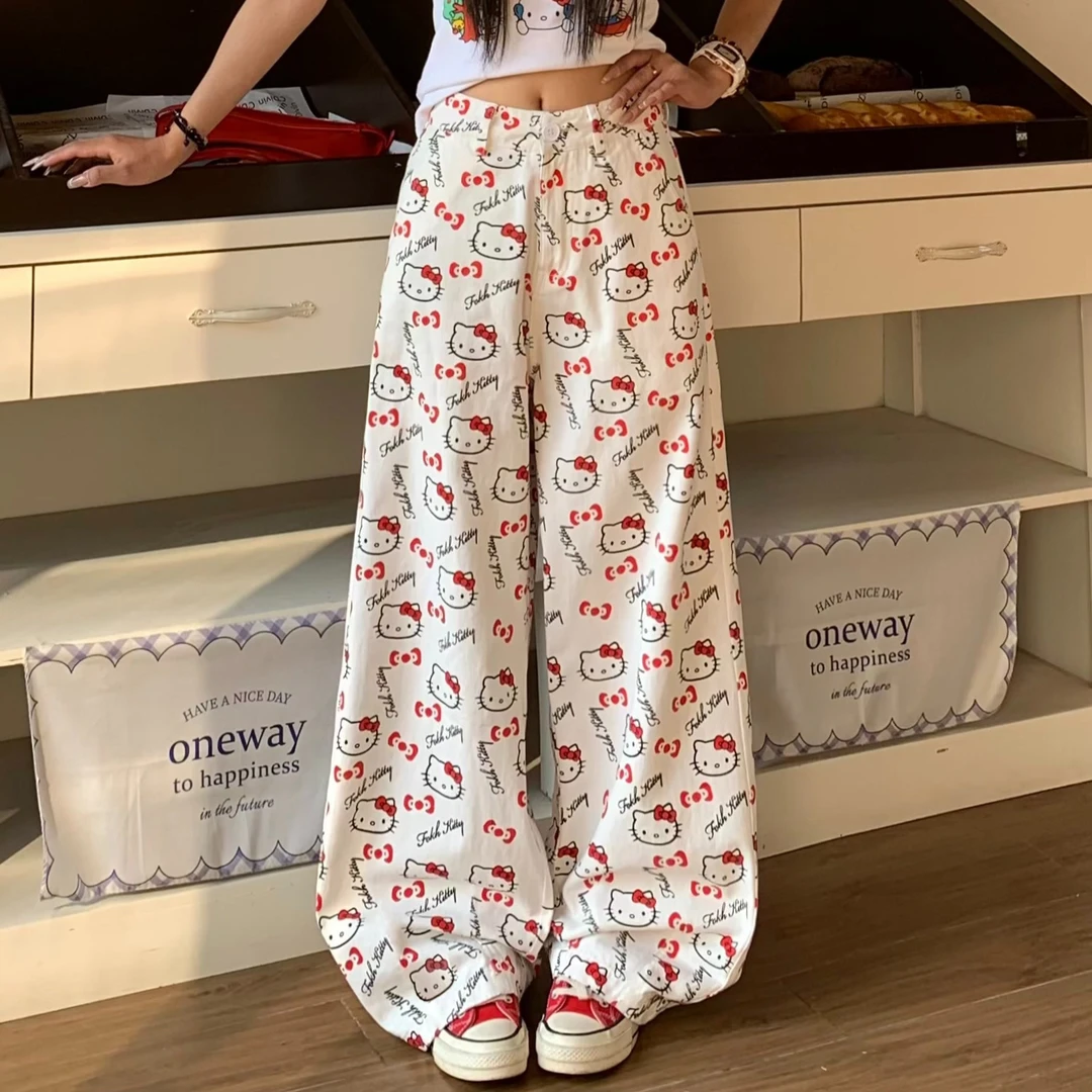 3MER 复古慵懒风可爱kitty直筒牛仔裤女夏季白色阔腿裤子