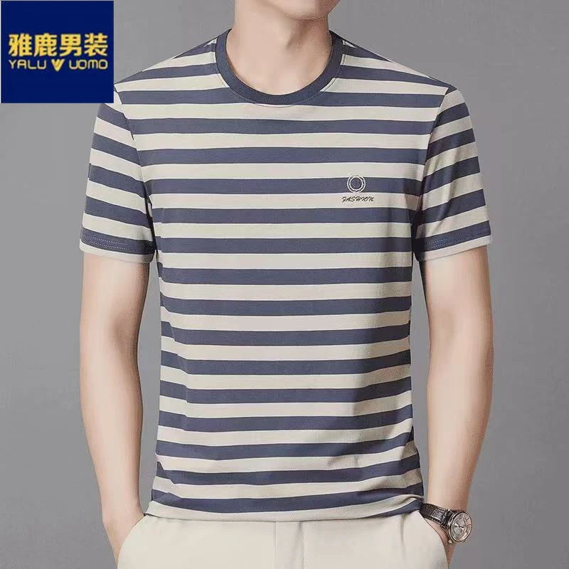 雅鹿男装夏季新款短袖圆领t恤商务百搭条纹男士半袖中老年Polo衫
