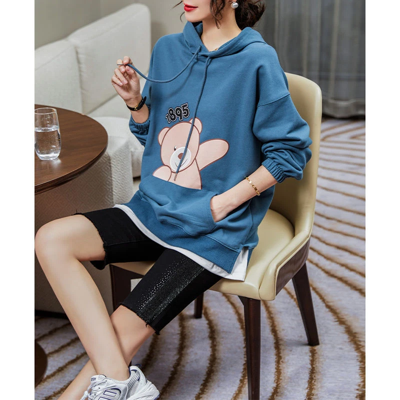 衣品乐大码小熊印花卫衣女连帽韩版纯棉宽松春季薄款上衣A2754