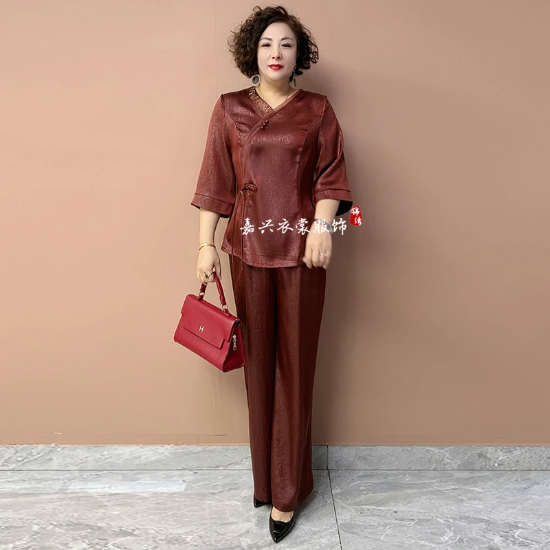 短袖V领上衣女搭配阔腿裤时髦女装两件套夏季新款宽松遮肚衬衣女