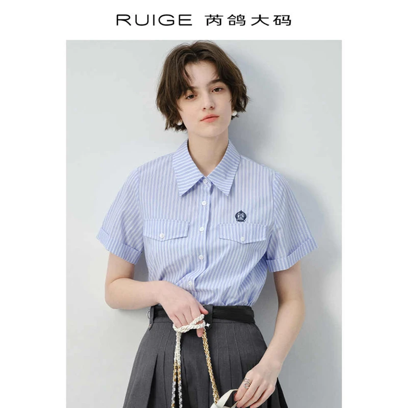 芮鸽微胖定制条纹衬衫polo气质短袖小衫女显瘦正肩胖mm上衣00173