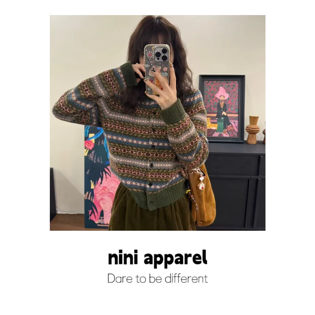 NiNi:绵 羊 毛费尔岛复古色开衫外套～