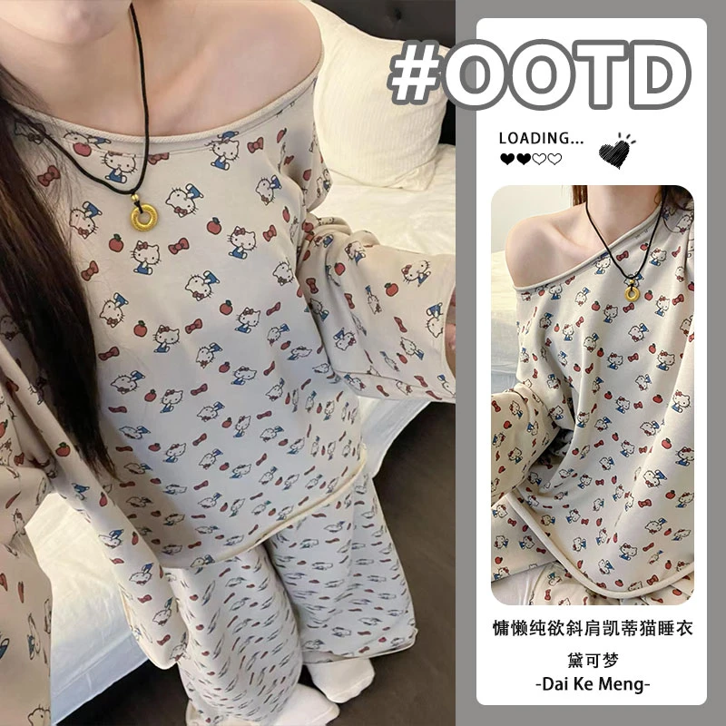 【斜肩kitty】慵懒感休闲卷边设计感长袖圆领套头纯欲风家居服套装