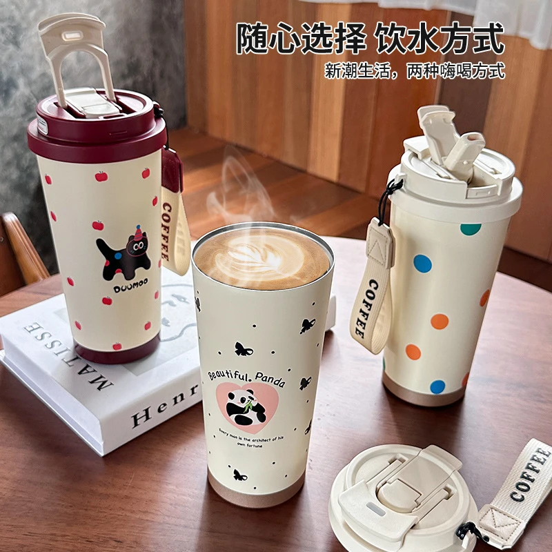 316无缝不锈钢保温杯高颜值男女便携咖啡水杯苹果猫咪双饮保冷杯