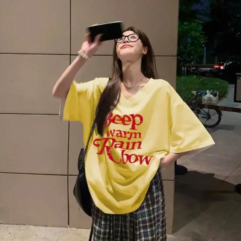 夏季新款重磅纯棉V领外穿上衣韩版慵懒显瘦女装