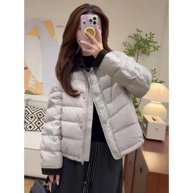 欧货翻领撞色羽绒服女短款2025冬季新款小个子宽松白鸭绒保暖外套