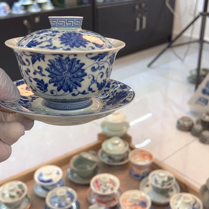 瓷片白青花缠枝莲元宝盖碗全品