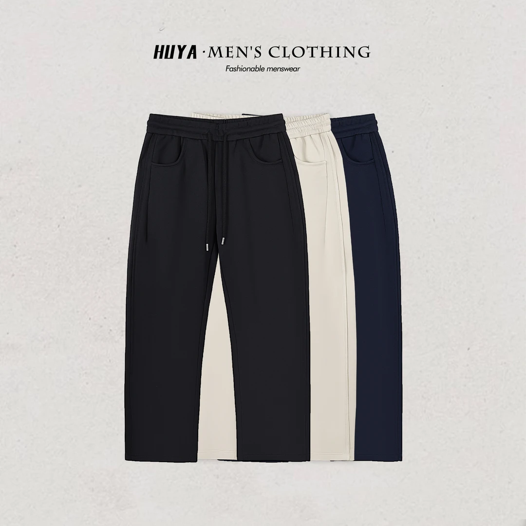 /虎牙兄弟/冬季男休闲裤纯色拼接松紧腰抽绳休闲直筒裤男款L2610