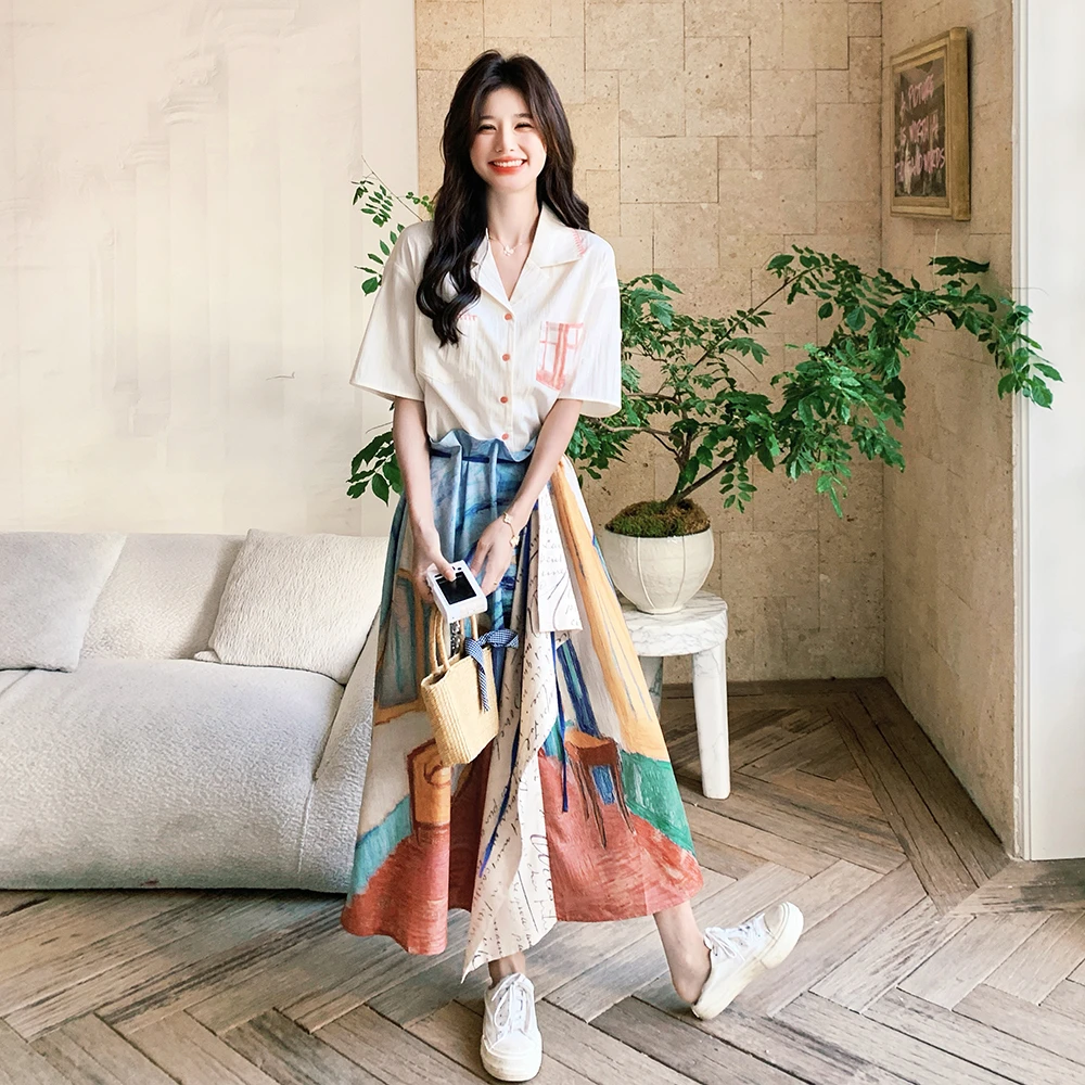 【晨夕专属】超好看显瘦油画印花半身裙两件套女夏新款防晒衬衫套装
