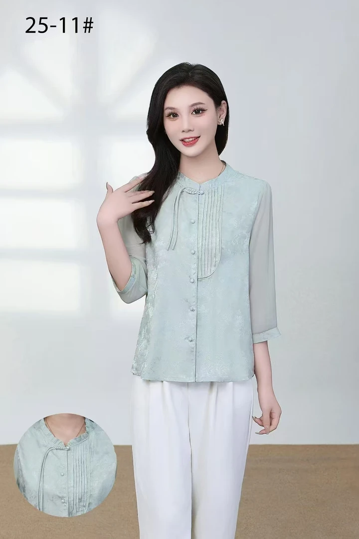 2025新款圆领时尚休闲风中老年女装夏季衬衫女士妈妈装打底衫小衫