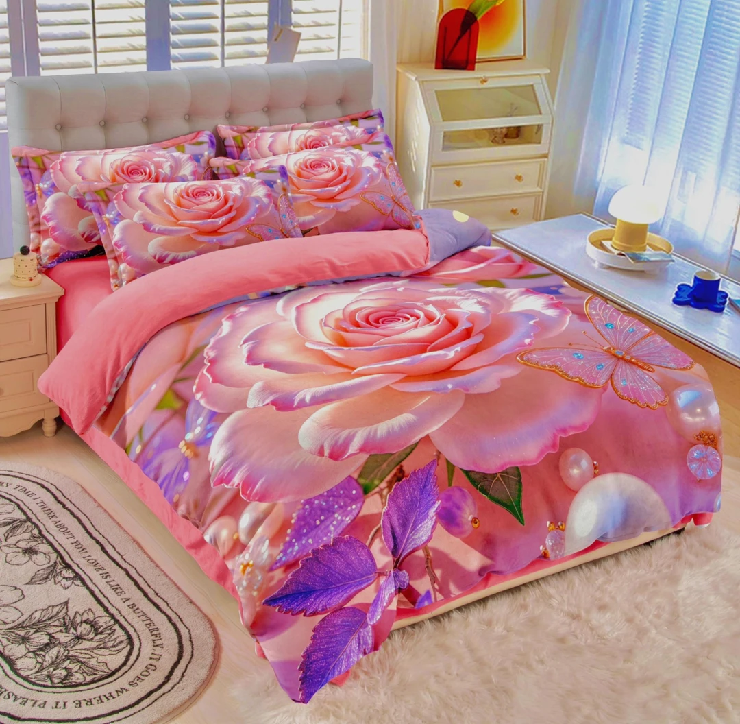 若及冬季大版5D立体印花加厚双面保暖牛奶绒被套四件套毛绒床品