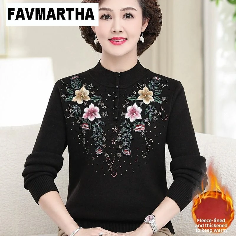 FAVMARTHA秋冬妈妈装一体绒绣花毛衣保暖上衣中老年人女加绒加厚