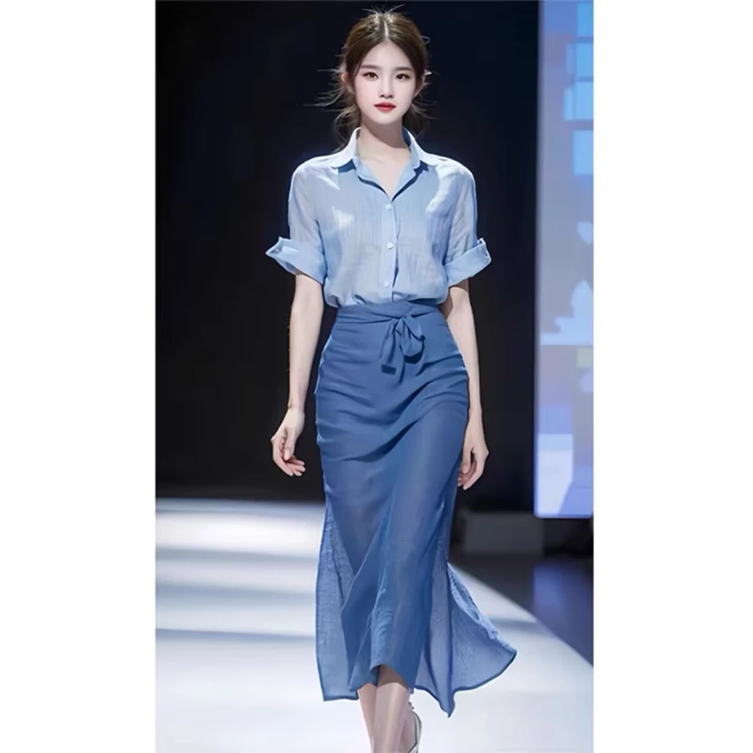 夏装搭配一整套今年流行漂亮休闲慵懒蓝色短袖衬衫两件套装女
