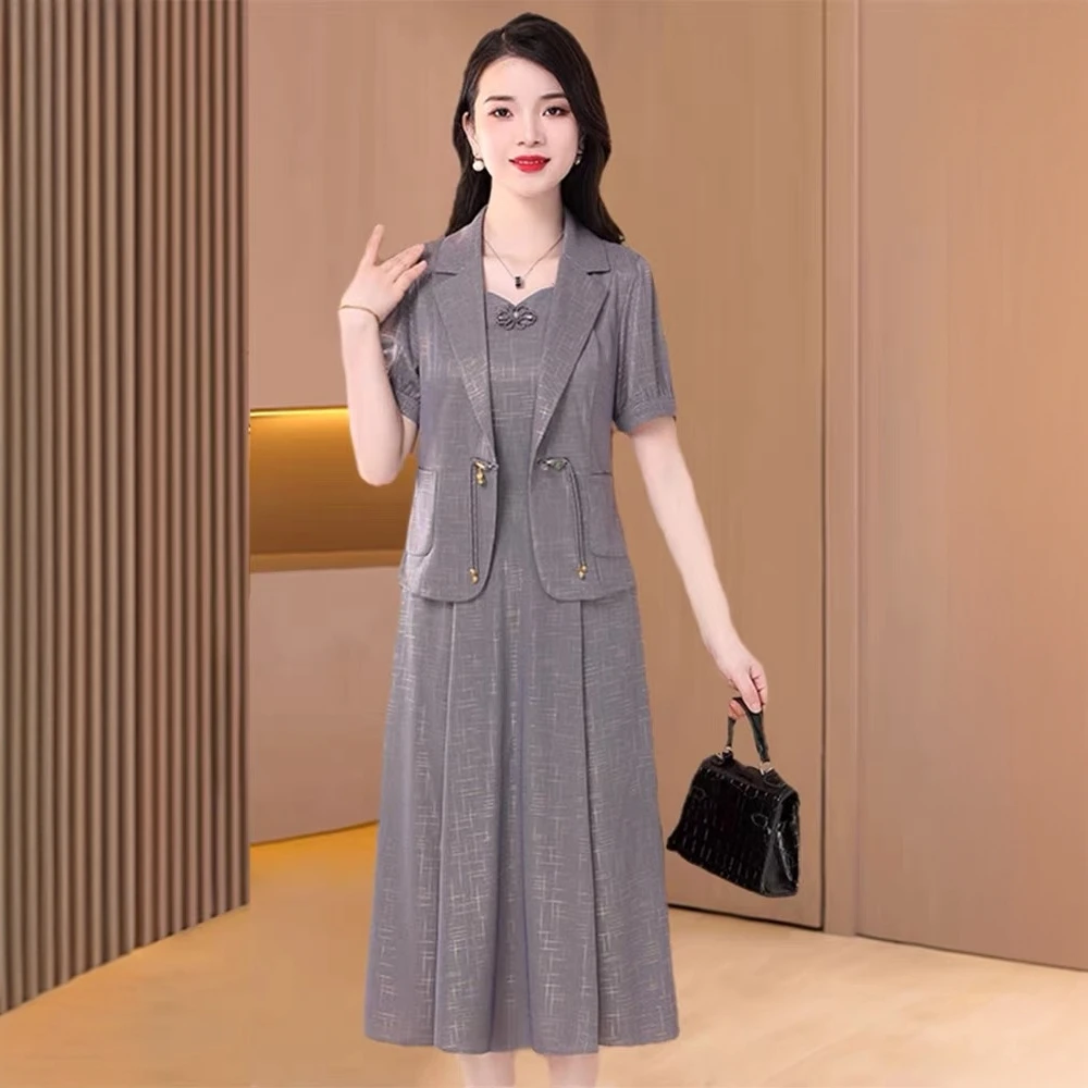 夏装国风短袖醋酸西装外套夏季套装女小个子妈妈气质减龄高档穿搭