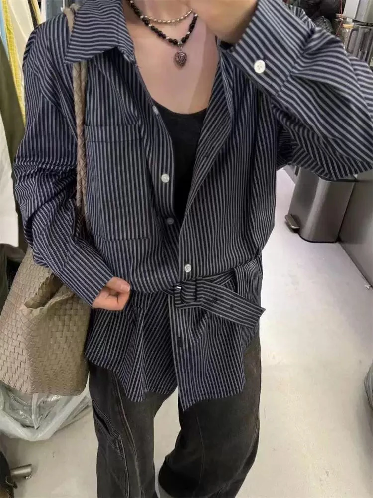 法式超好看独特蓝色条纹收腰衬衫女2025春新款减龄衬衣