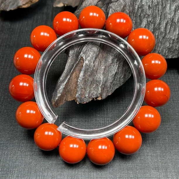 保山南红天然原矿柿子红圆珠手串