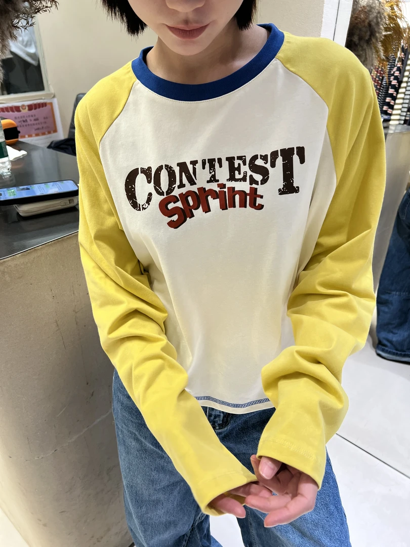 深圳南油早秋ZZ拼接圆领印花宽松百搭T恤字母长袖插肩袖时尚