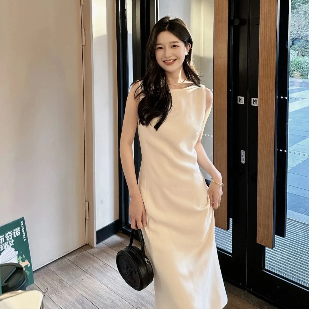 【商场同款】2025夏季新款法式气质优雅一字领无袖收腰鱼尾连衣裙女