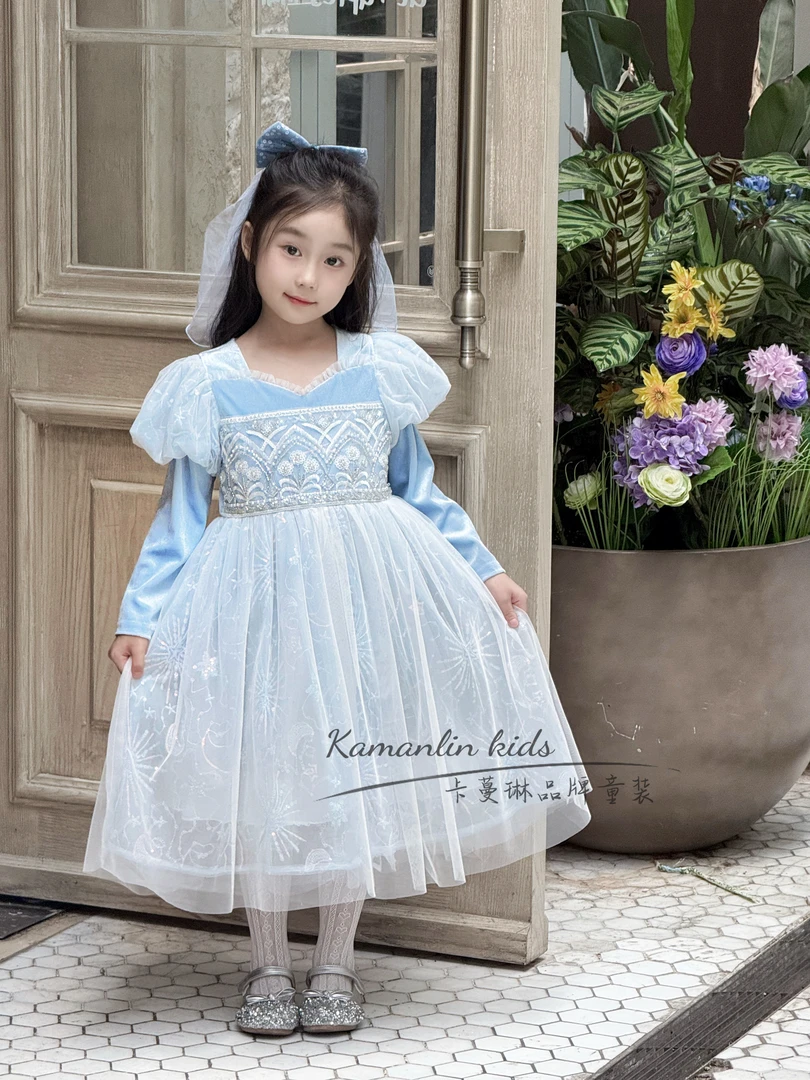 【现货】爱莎公主裙3-6岁生日裙长款生日礼服斗篷女童连衣裙艾莎裙