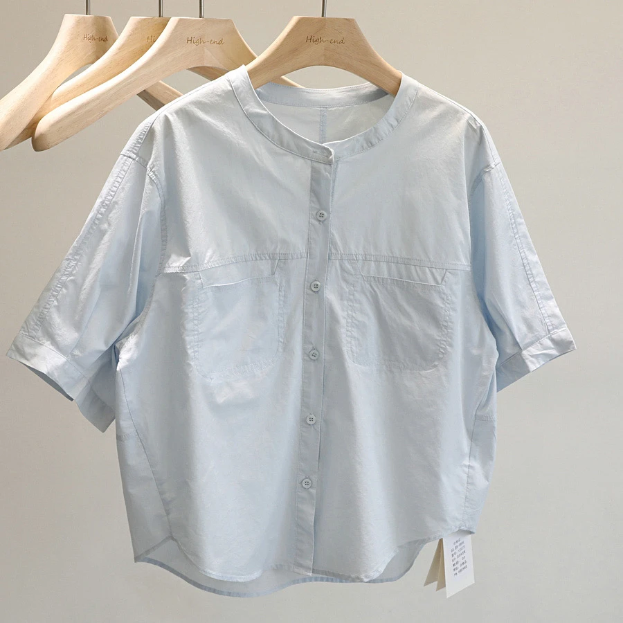 2025小清新蓝色圆领短袖衬衫女夏季新款宽松百搭棉质小衫