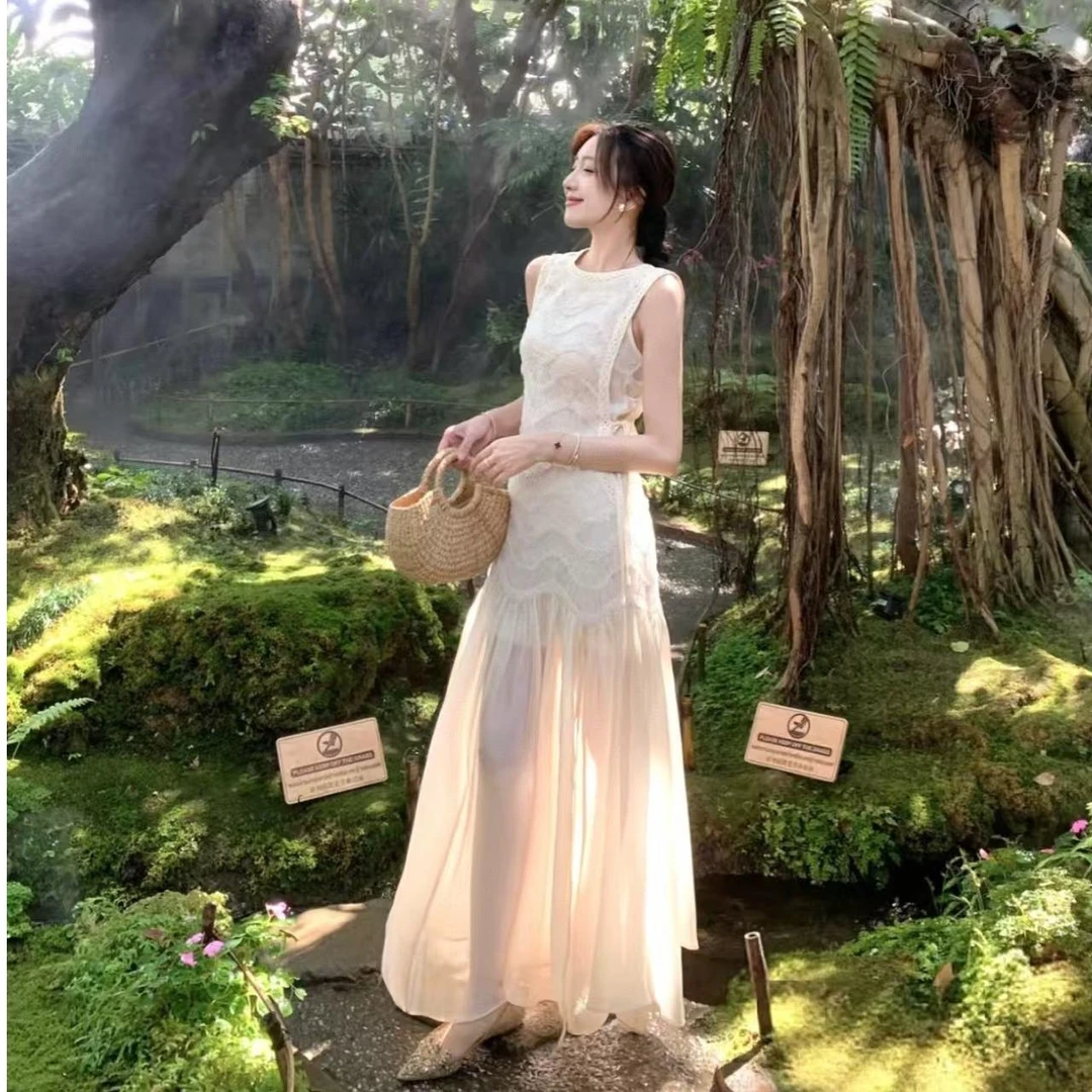 法式高级感拼接仙气长裙夏季2025新款时髦轻奢收腰显气质连衣裙女